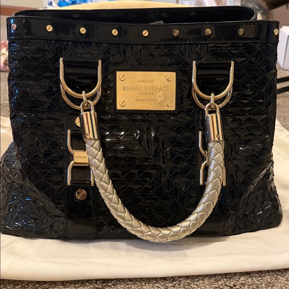 Versace Gianni Madonna Black patent Quilted leather Satchel bag